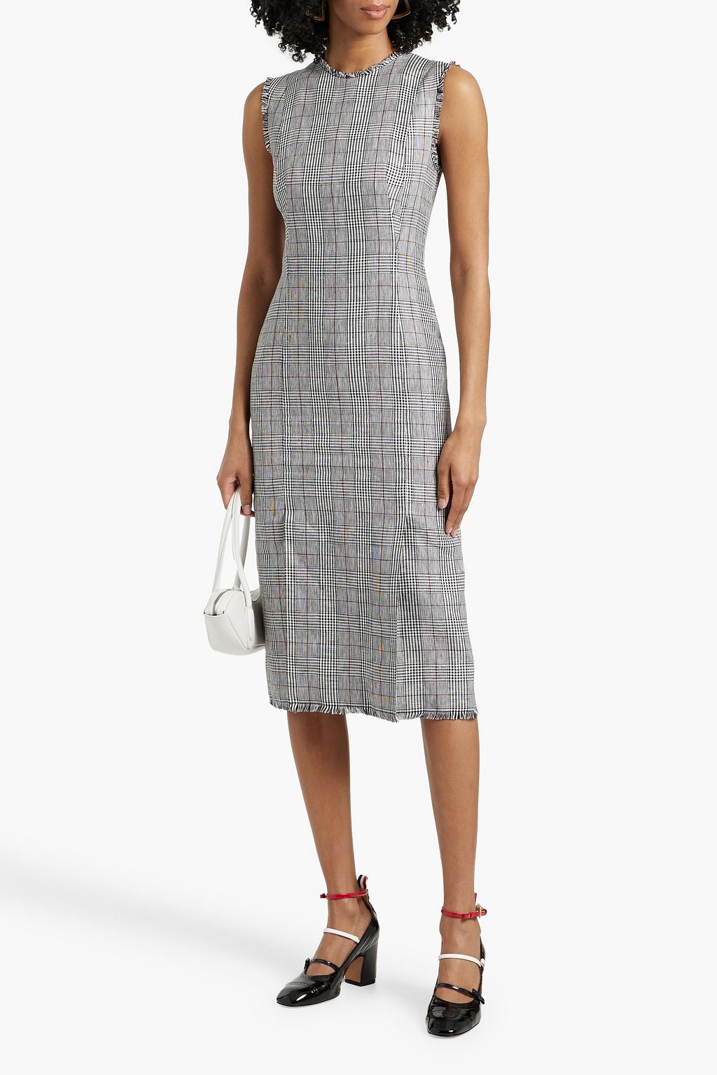 THOM BROWNE Frayed Prince of Wales checked linen-tweed midi dress
