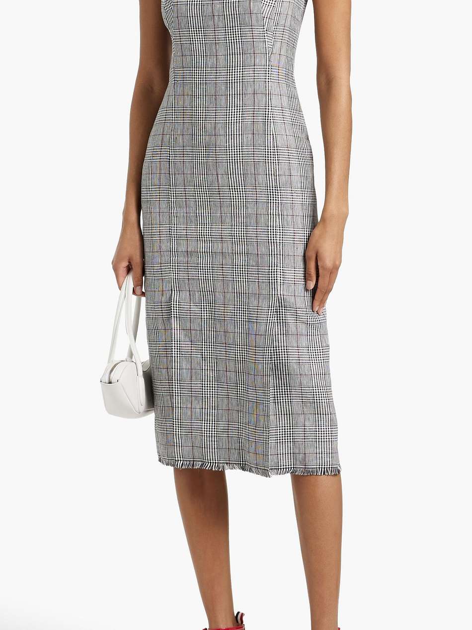 frayed prince of wales checked linen-tweed midi dress