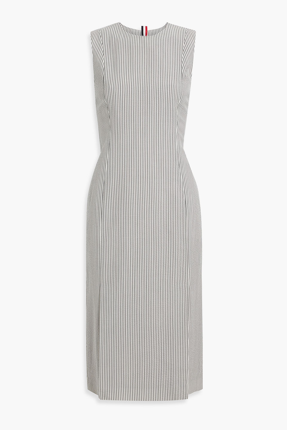 Thom Browne Striped Wool-seersucker Midi Dress In Gray