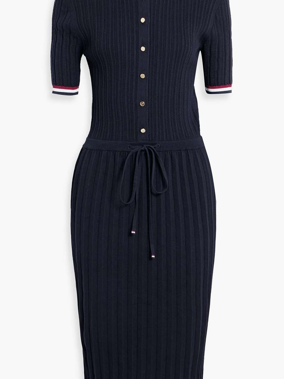 pleated pointelle-knit cotton-blend midi shirt dress