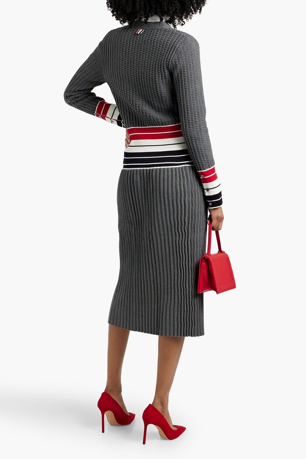 THOM BROWNE Striped pleated cotton-blend midi skirt