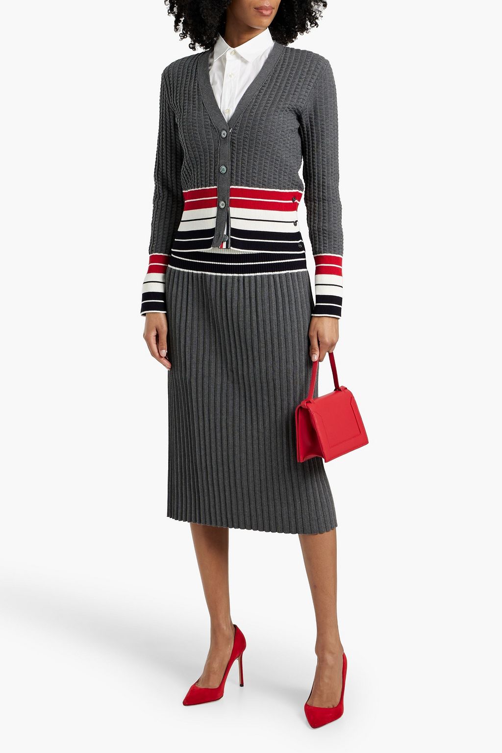 THOM BROWNE Striped pleated cotton-blend midi skirt