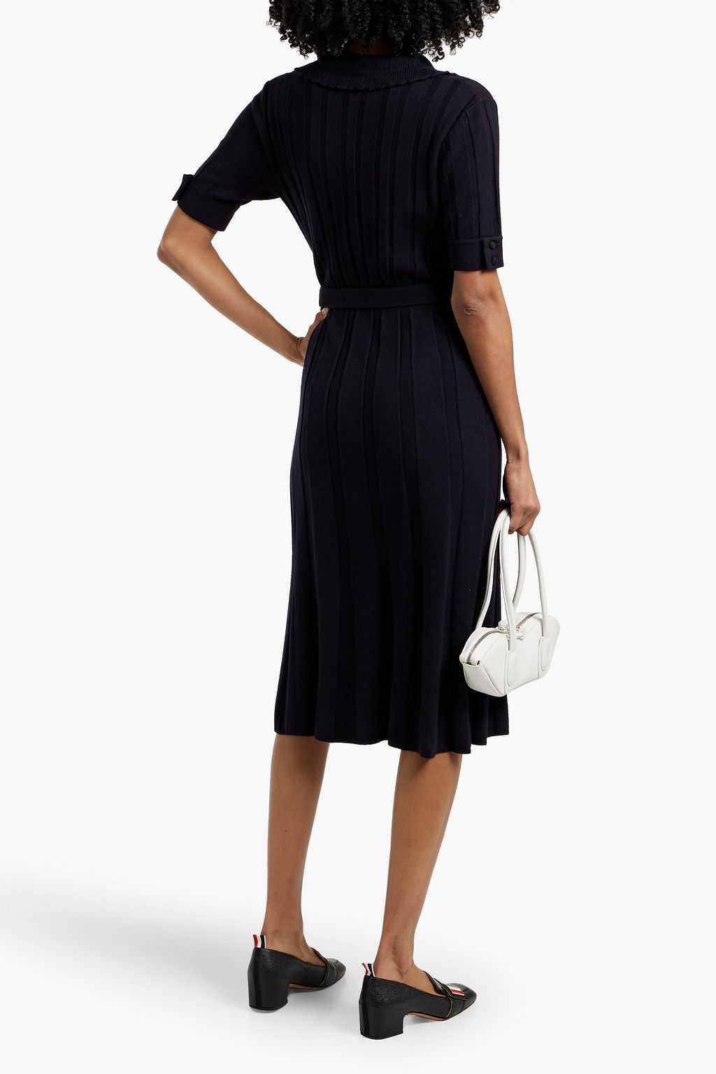 THOM BROWNE Belted ribbed wool-blend midi shirt dress