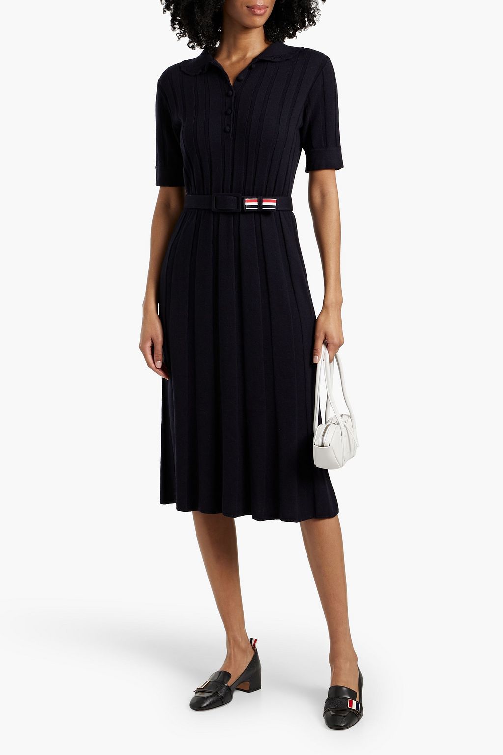 THOM BROWNE Belted ribbed wool-blend midi shirt dress
