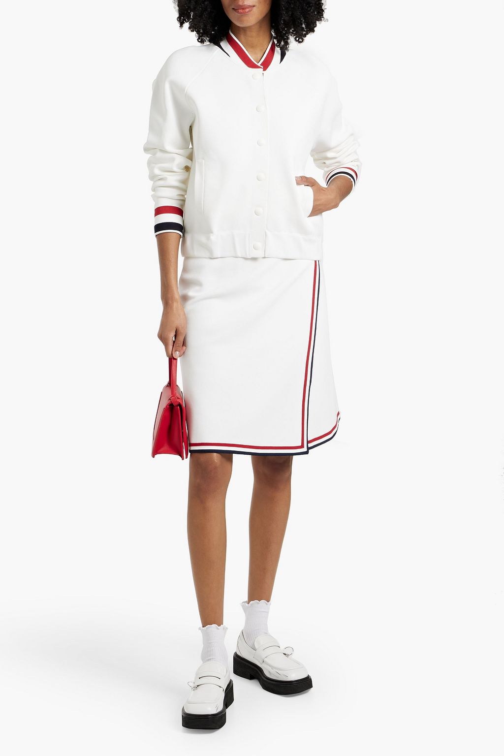 THOM BROWNE Wrap-effect striped stretch-knit skirt