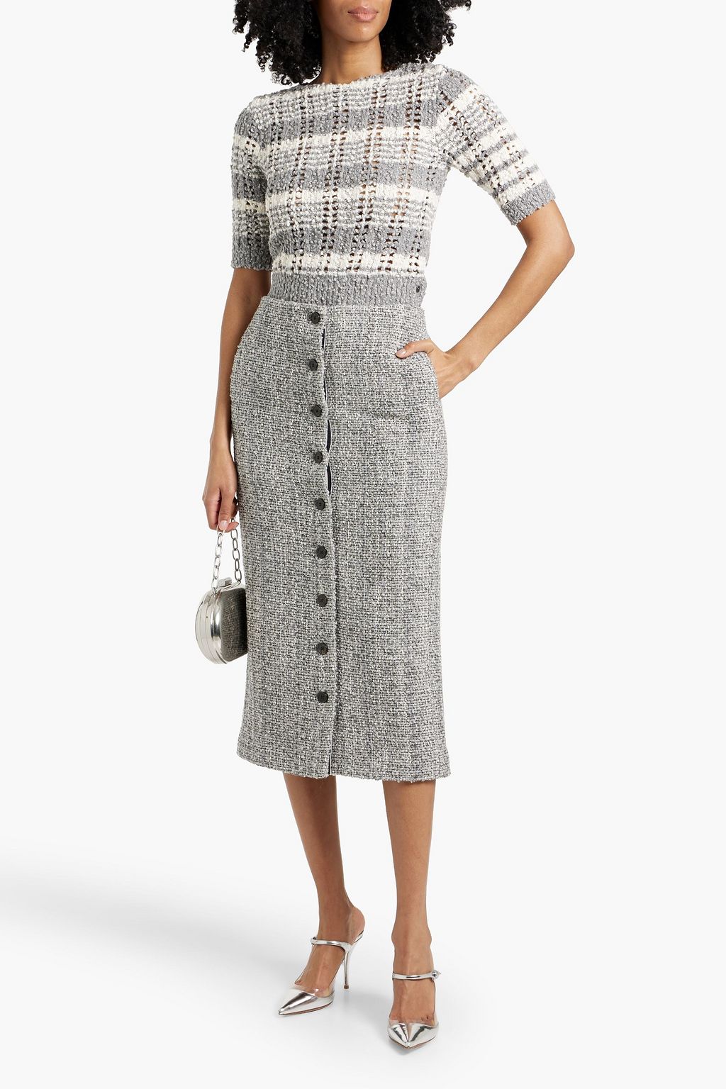 THOM BROWNE Striped bouclé-knit cotton-blend sweater