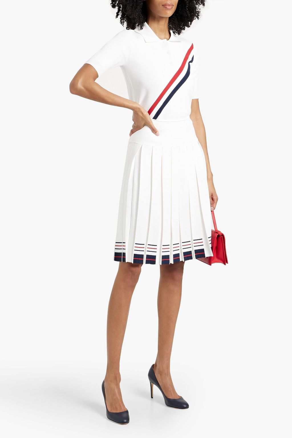 THOM BROWNE Pleated striped stretch-knit skirt