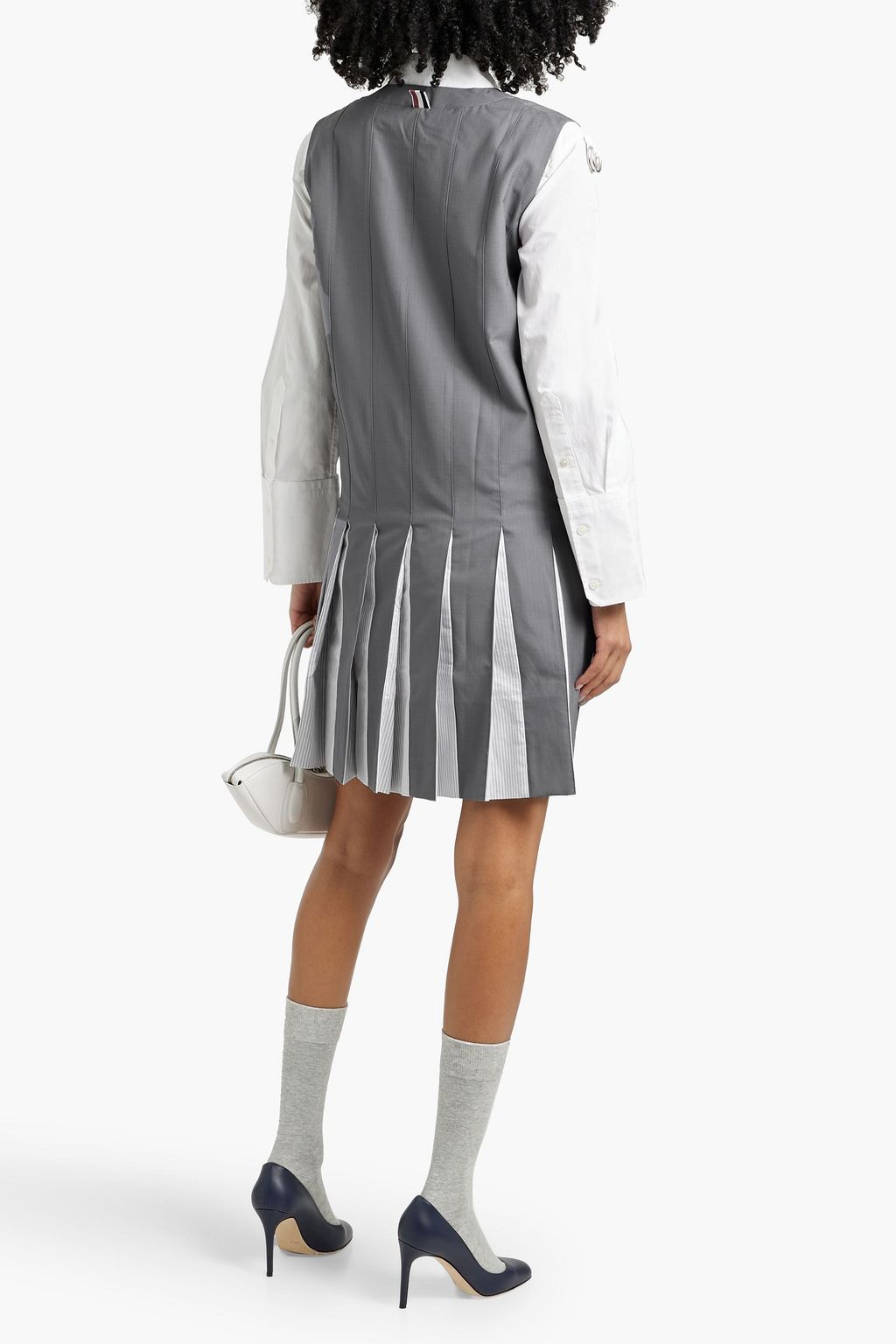 THOM BROWNE Pleated striped cotton Oxford and wool-blend ripstop mini dress