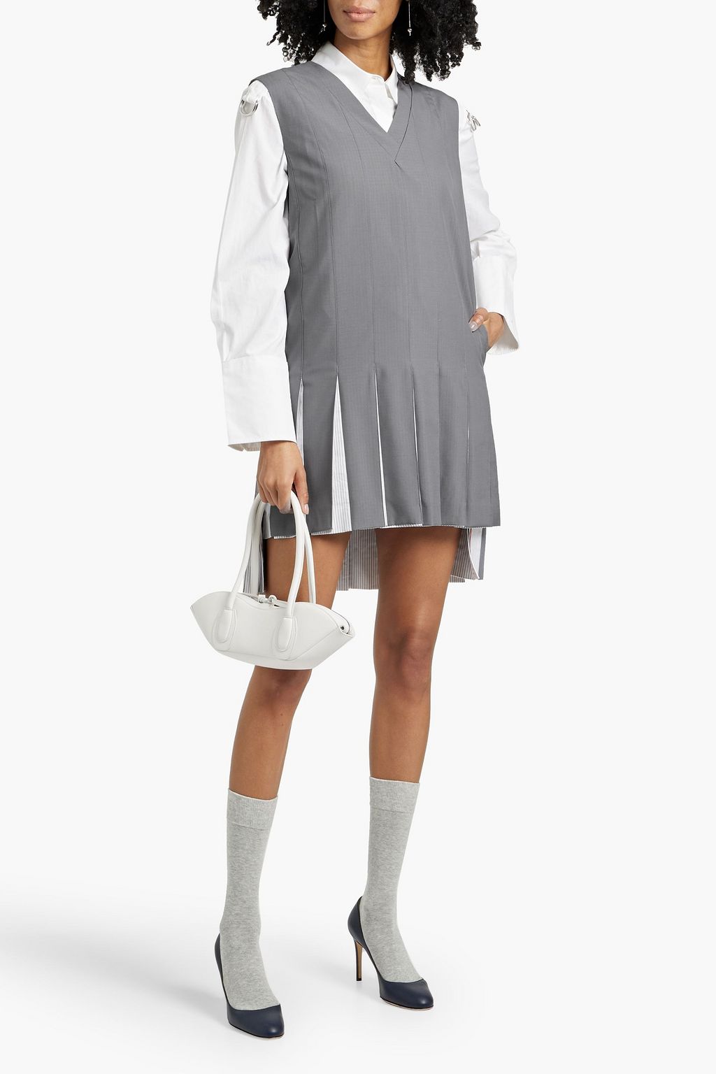 THOM BROWNE Pleated striped cotton Oxford and wool-blend ripstop mini dress