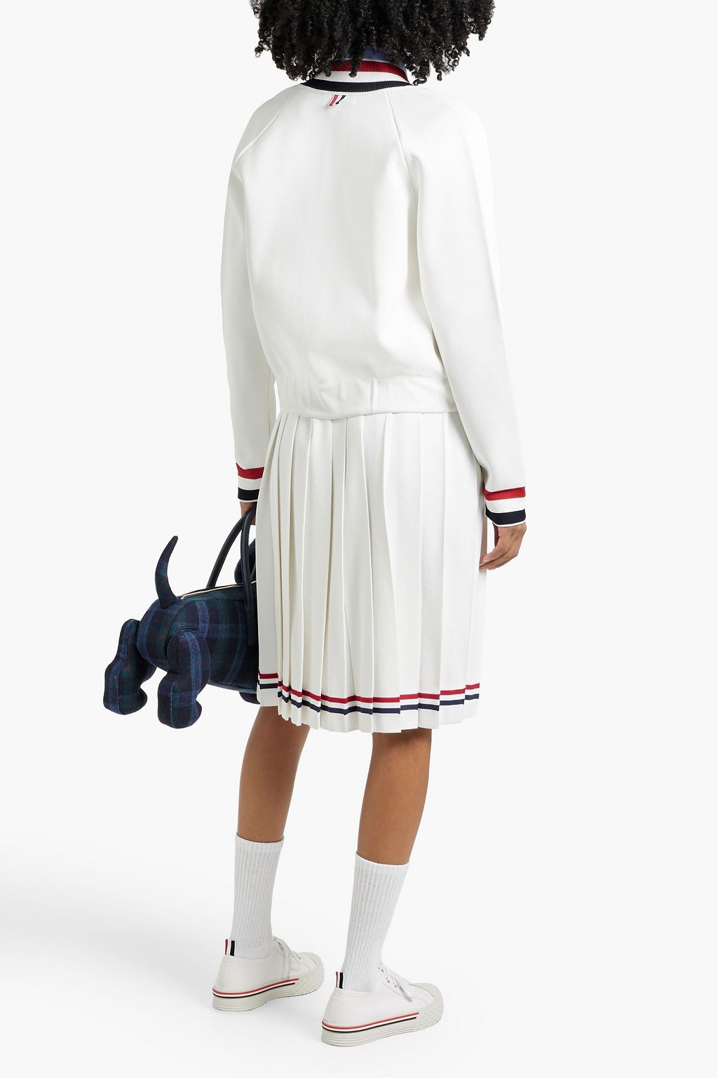 THOM BROWNE Pleated striped stretch-knit midi skirt
