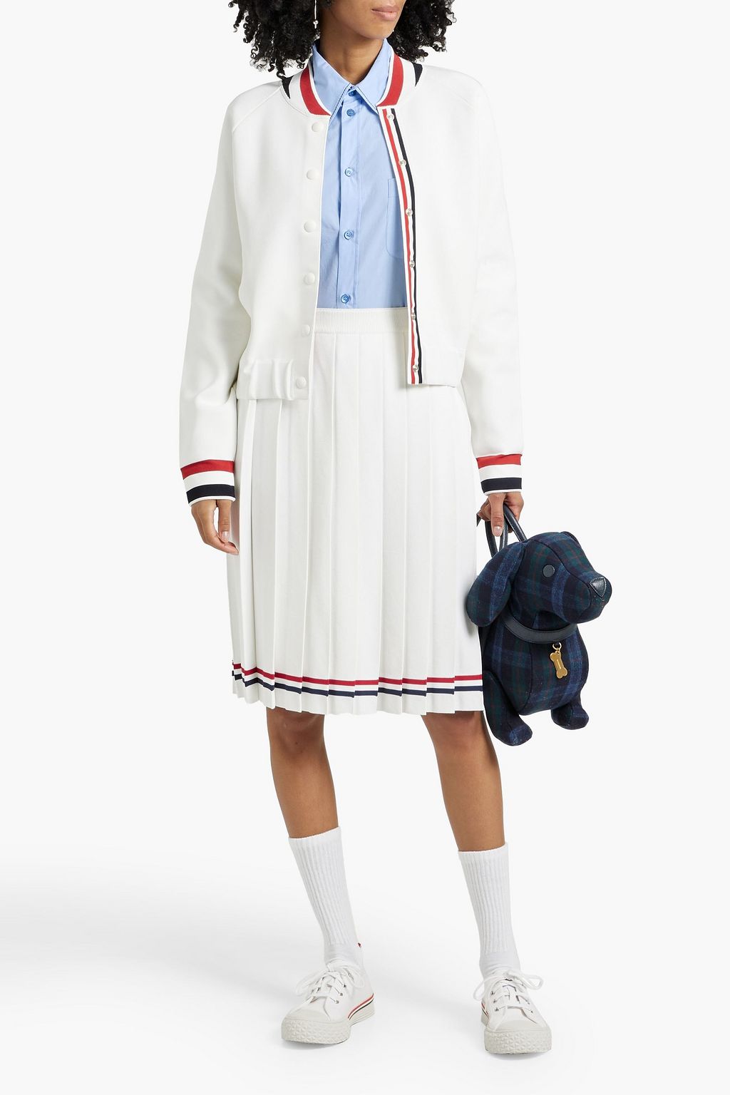 THOM BROWNE Pleated striped stretch-knit midi skirt
