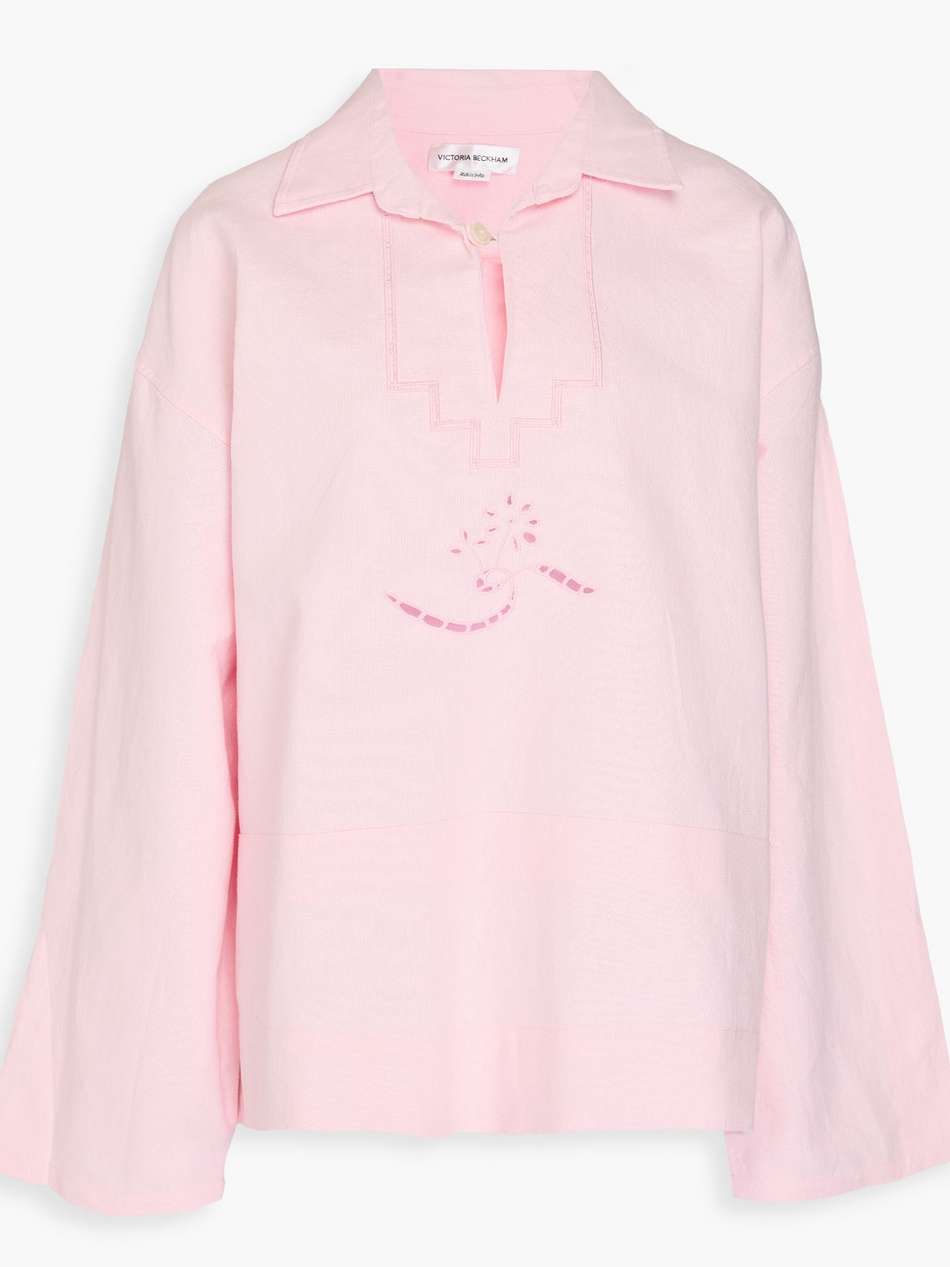 broderie anglaise-trimmed linen and cotton-blend blouse