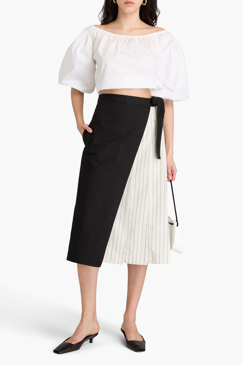 3.1 PHILLIP LIM تنورة متوسطة الطول من البوبلين ومزيج من القطن والكنفا بتصميم مخطط