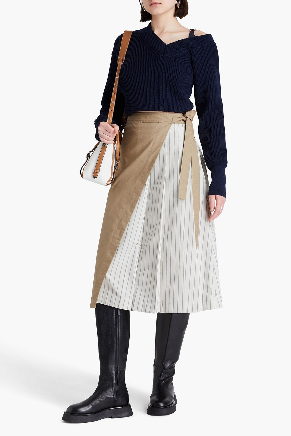 3.1 Phillip Lim Striped Poplin And Cotton-blend Canvas Midi Wrap Skirt In Sand