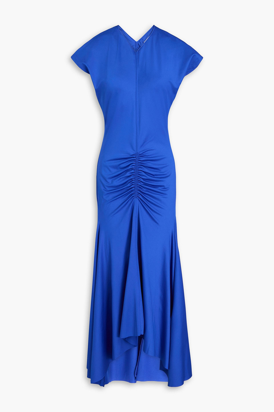 Shop Victoria Beckham Ruched Satin-jersey Midi Dress In Royal Blue