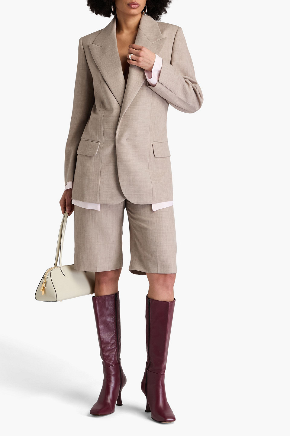 Shop Victoria Beckham Satin-paneled Wool Blazer In Mushroom