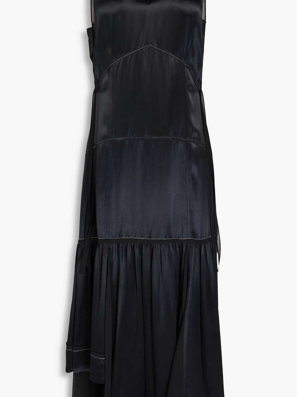 bead-embellished layered satin and chiffon midi dress