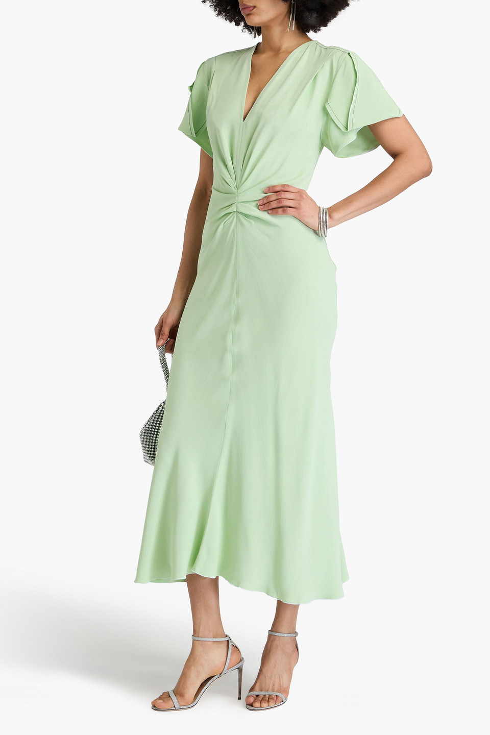 Victoria Beckham Jade Green Ruffled Midi Dress In Light Green