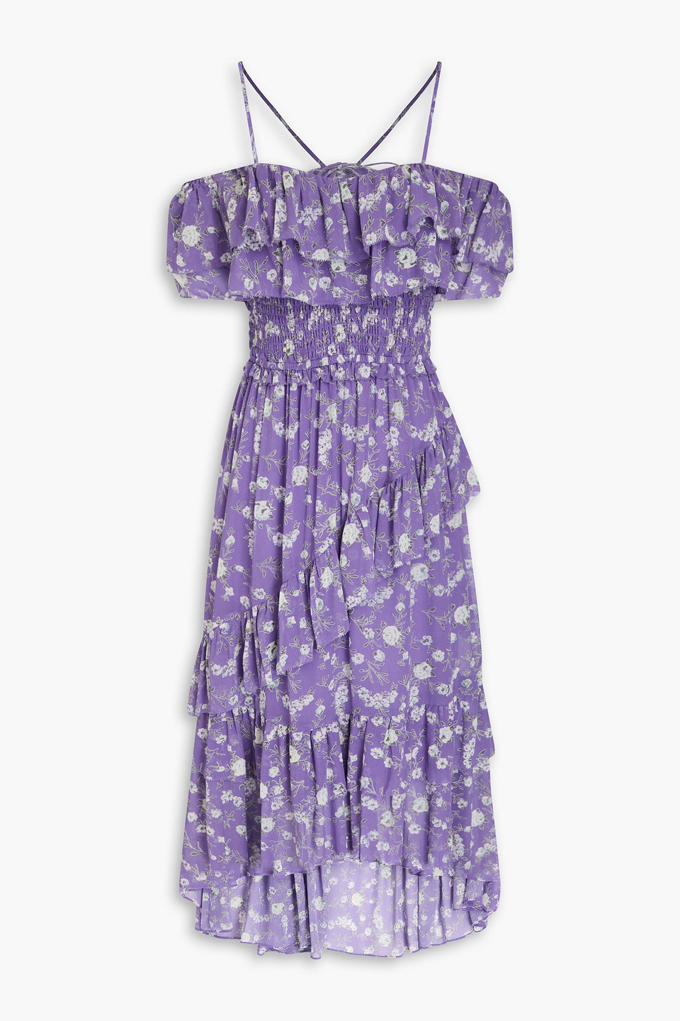 Ulla Johnson Penninah Cold-shoulder Ruffled Floral-print Silk-georgette Midi Dress In Purple