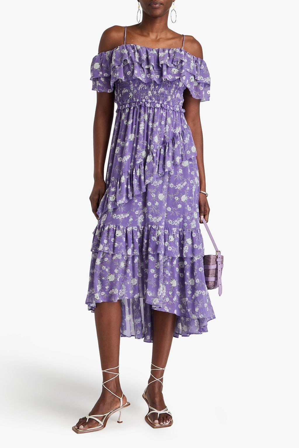 ULLA JOHNSON シルクジョーゼット ミディワンピース オープンショルダー フローラルプリント