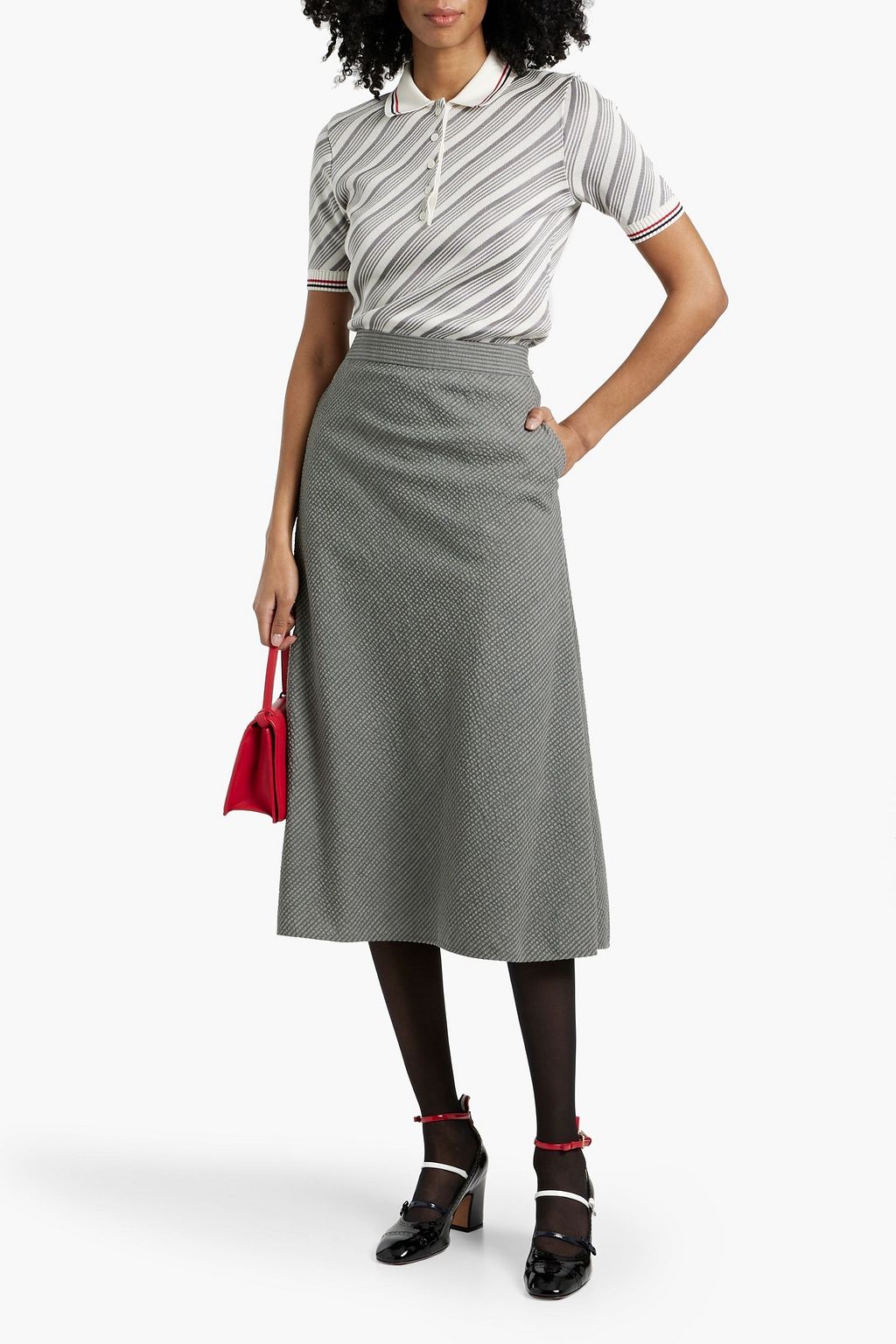 THOM BROWNE Striped cashmere-seersucker midi skirt