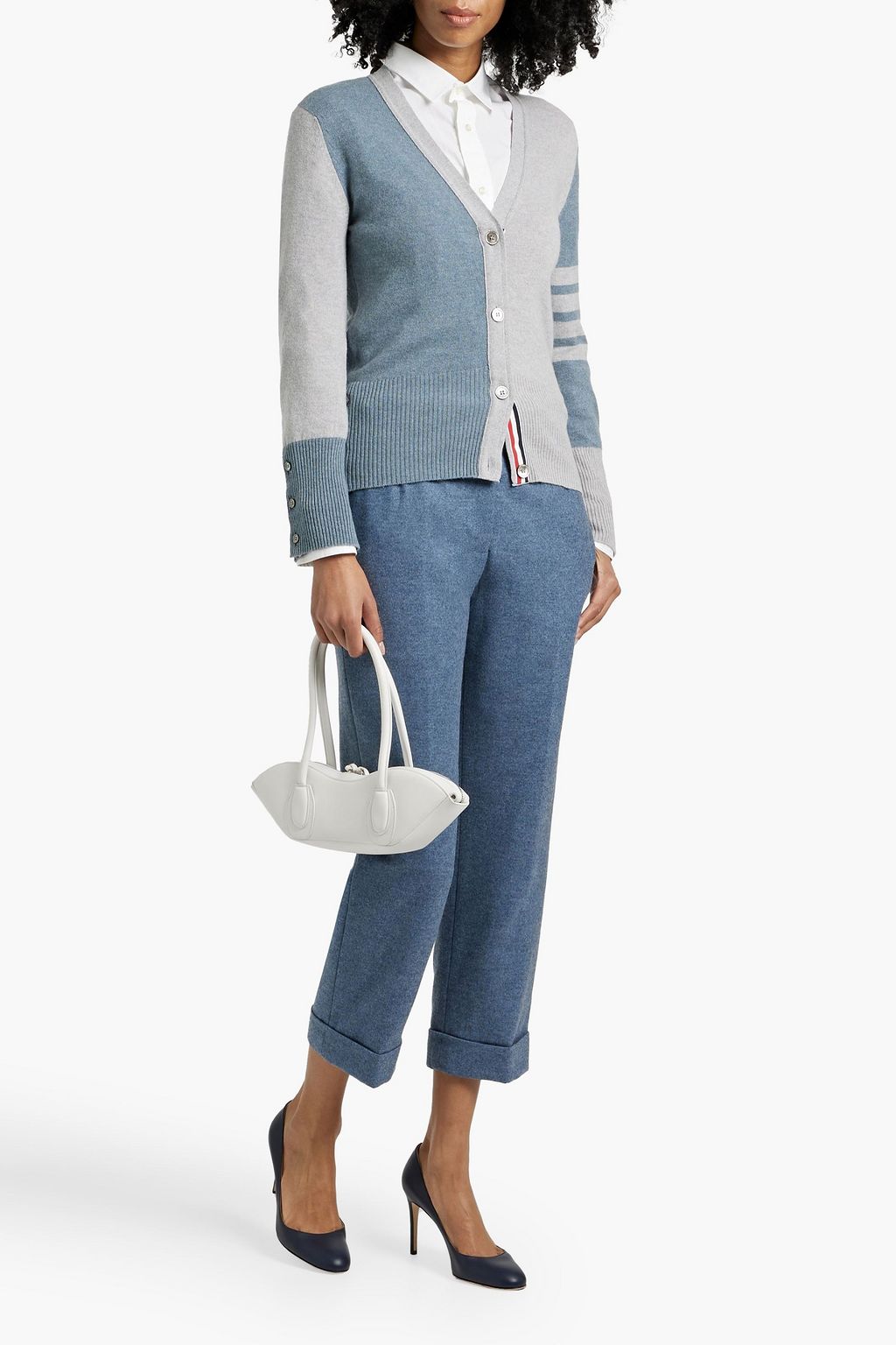 THOM BROWNE Striped two-tone cashmere cardigan