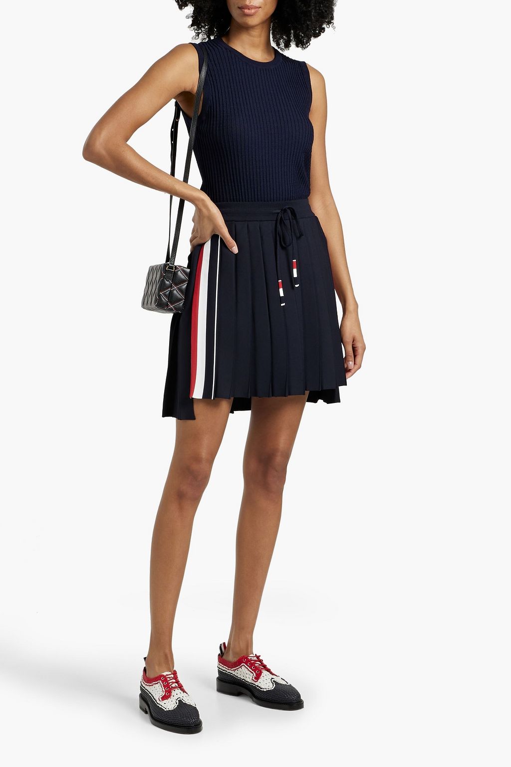 THOM BROWNE Pleated striped stretch-knit mini skirt