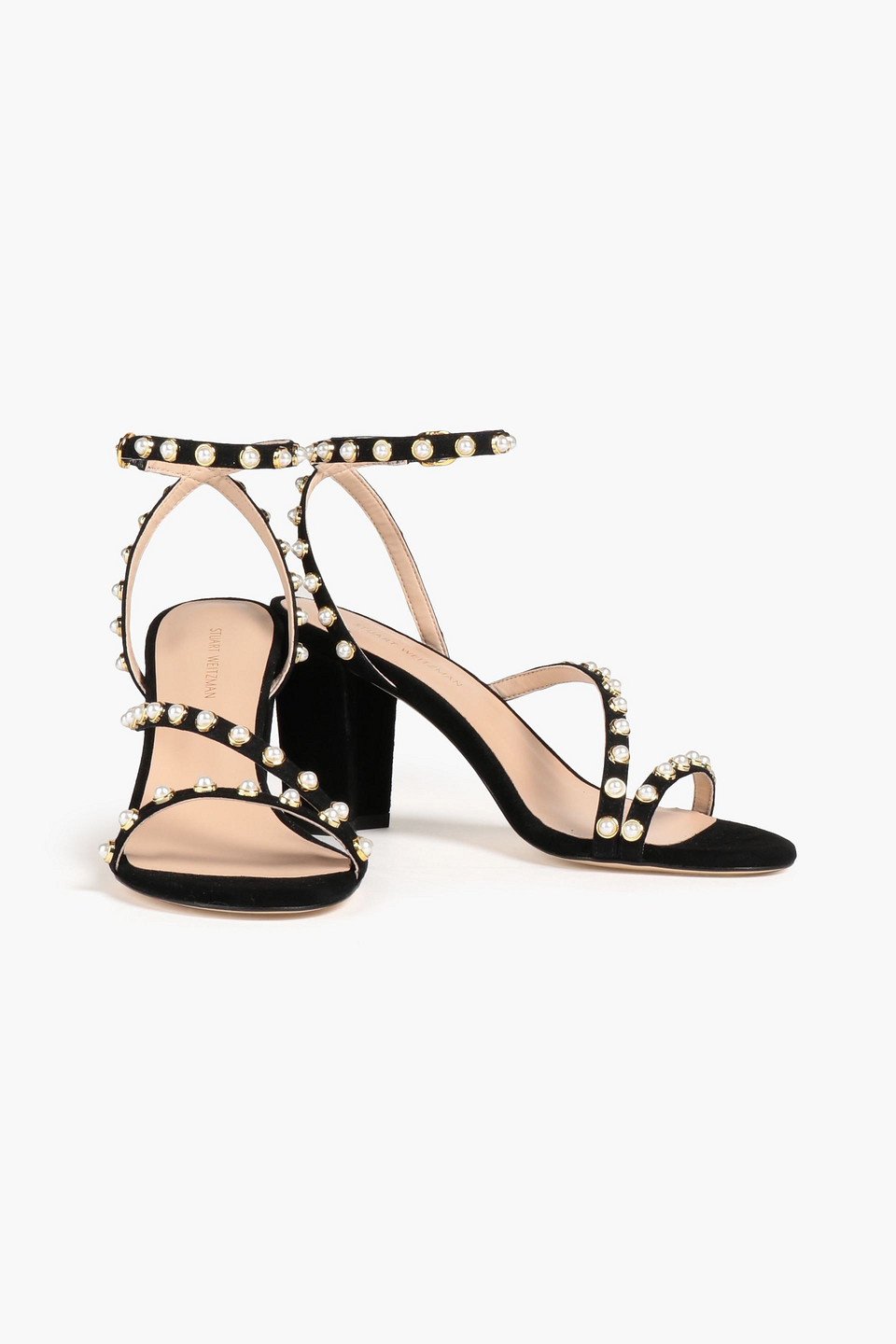 Stuart Weitzman Dancer Pearl 80 Embellished Suede Sandals In Black