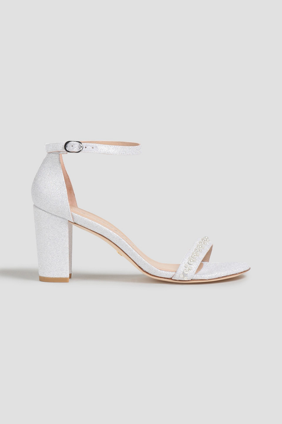 Stuart Weitzman Embellished Glittered Satin Sandals In White
