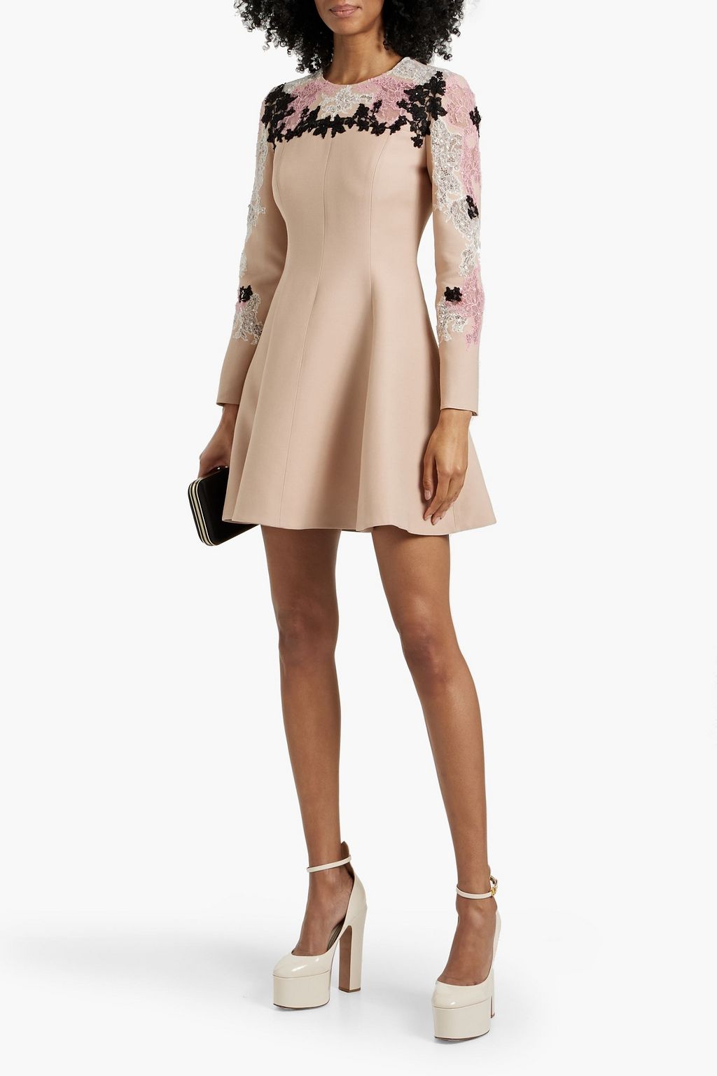 VALENTINO GARAVANI Embellished corded lace-paneled wool and silk-blend crepe mini dress