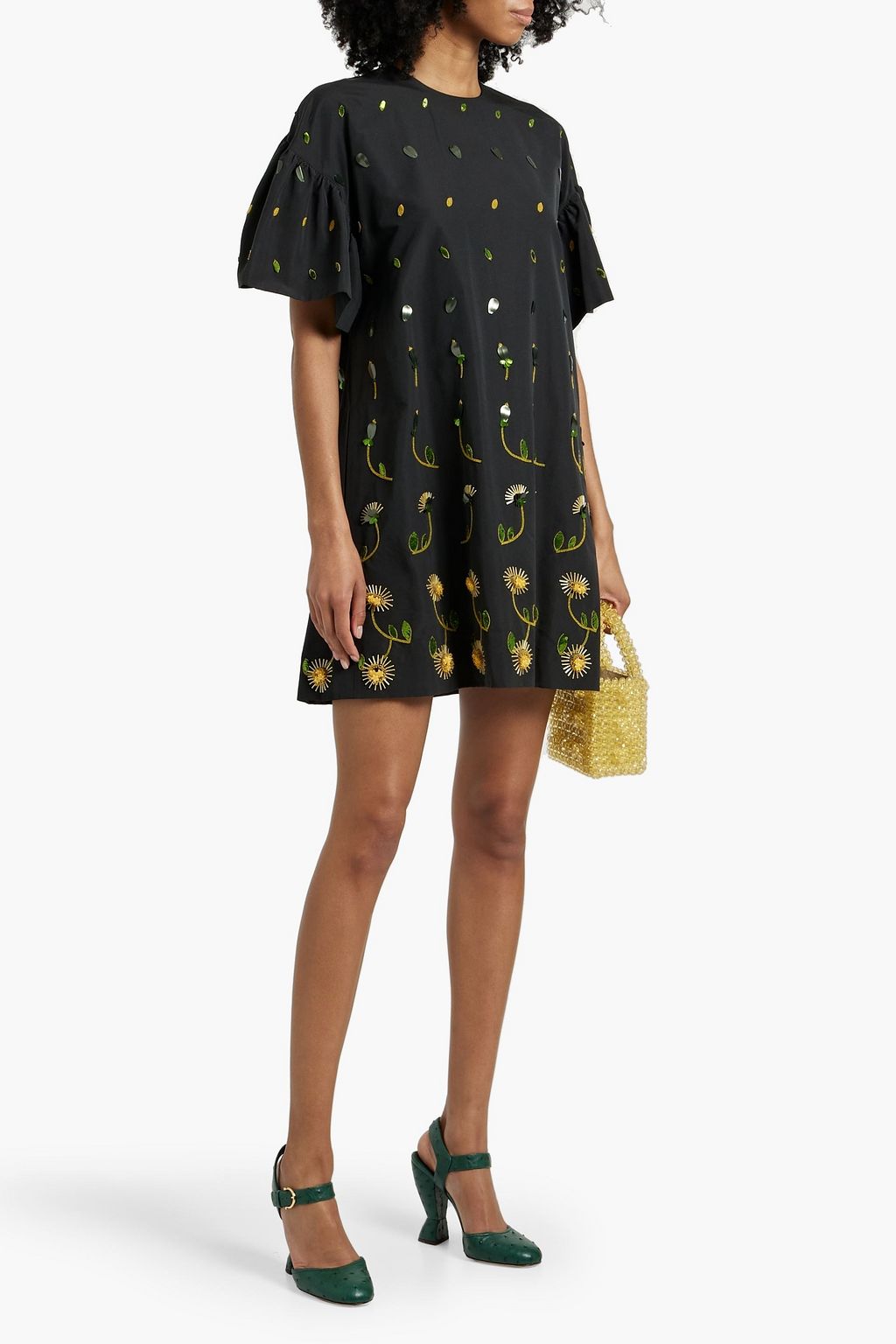 VALENTINO GARAVANI Cape-effect embellished cotton-blend faille mini dress