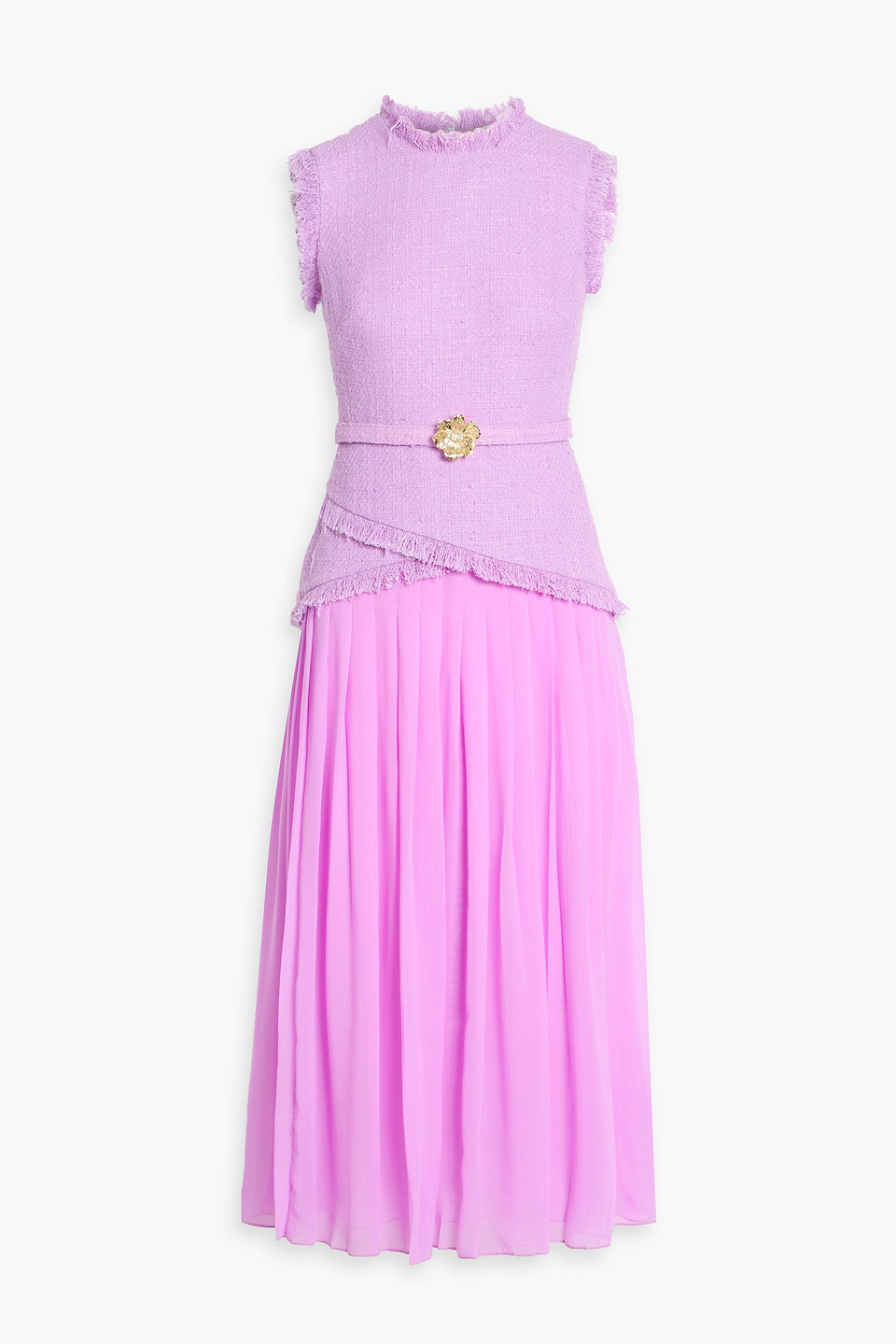 Oscar De La Renta Belted Chiffon And Cotton-blend Tweed Midi Dress In Purple