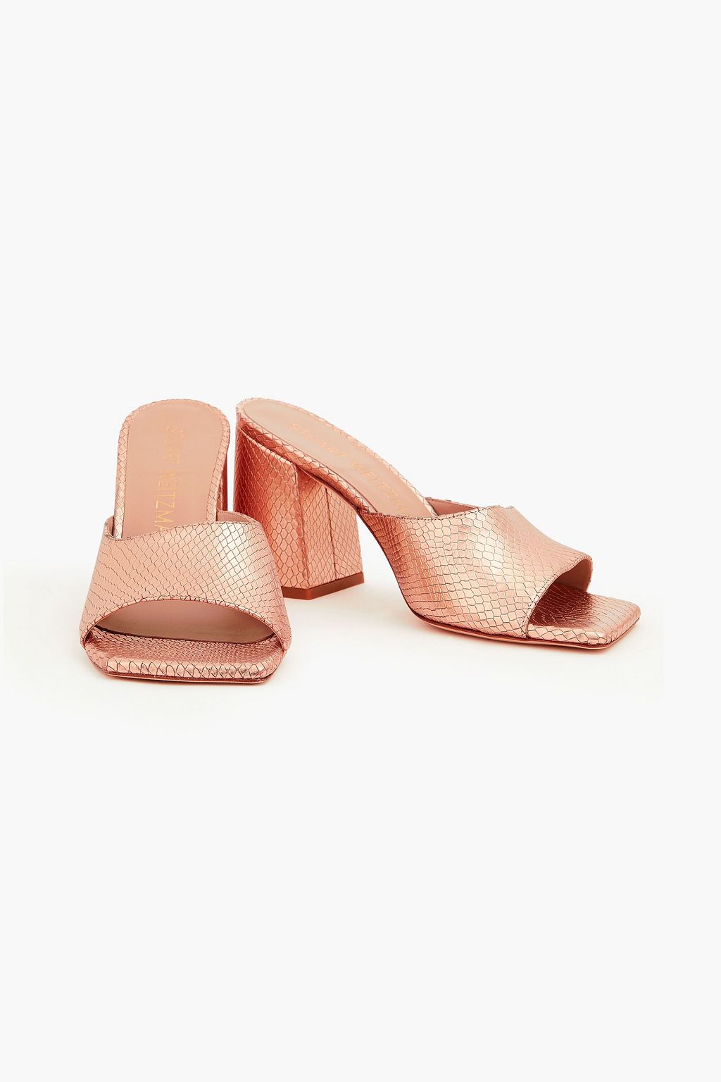 STUART WEITZMAN حذاء ميول "تيا 85" من الجلد بلون ميتاليك بنقشة جلد الثعبان