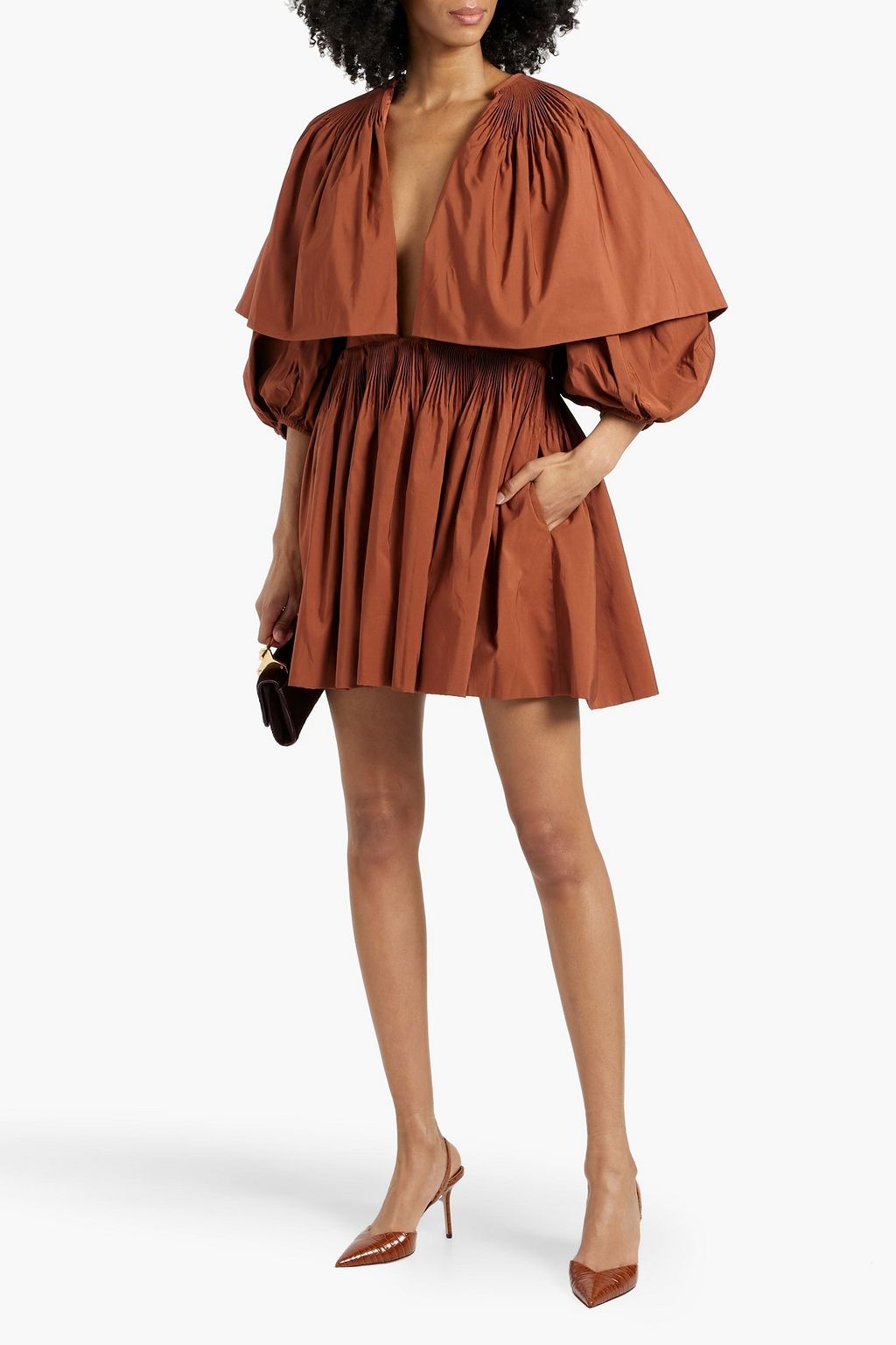 VALENTINO GARAVANI Cape-effect pleated cotton-blend poplin mini dress