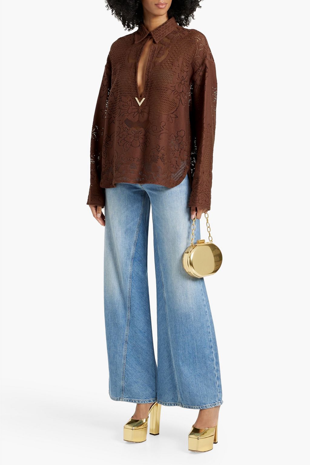 VALENTINO GARAVANI Embellished pointelle-knit cotton-blend top