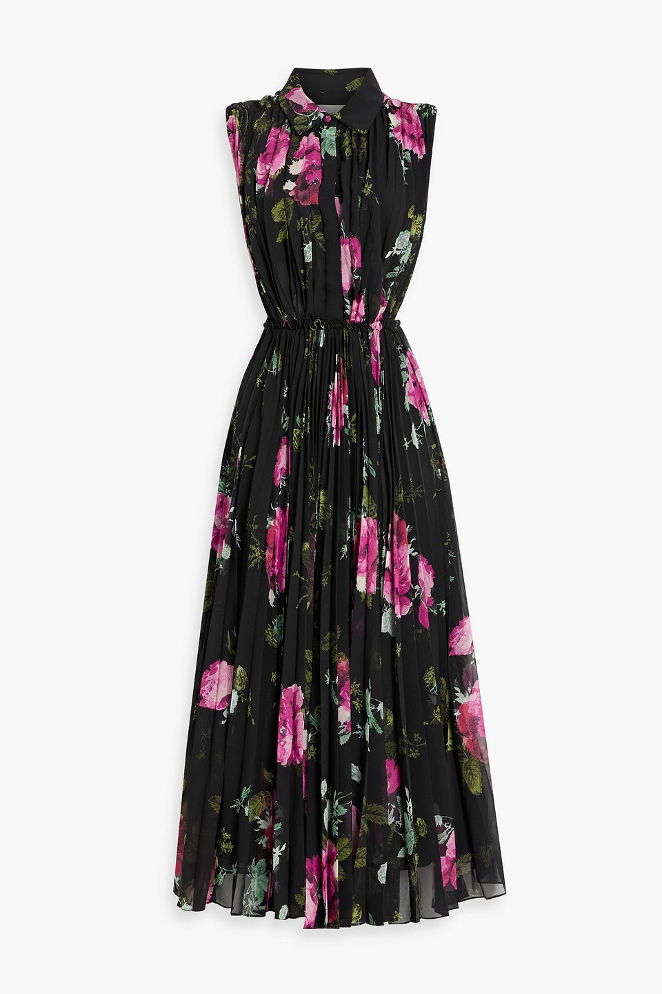 Pleated floral-print crepe midi shirt dress