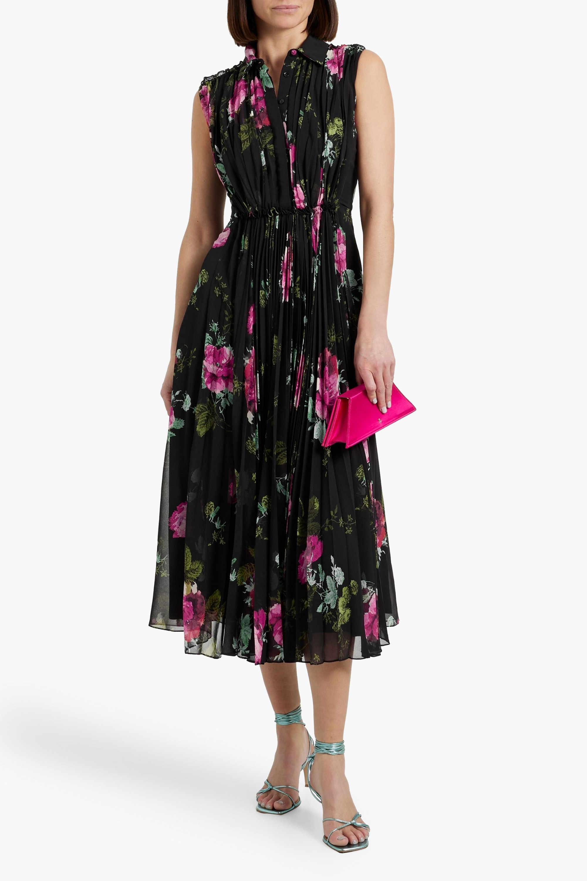 Erdem Pleated floral-print crepe midi shirt dress