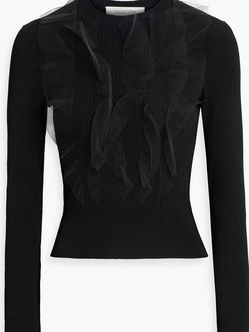 tulle-trimmed ribbed-knit top