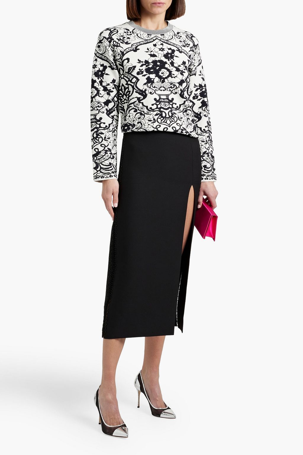 VALENTINO GARAVANI Embellished wool and silk-blend crepe midi skirt