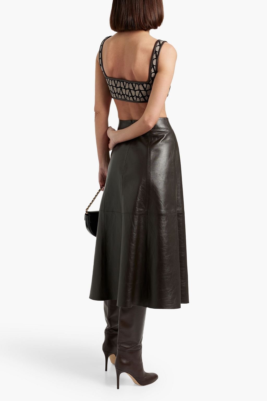 VALENTINO GARAVANI Leather-trimmed jacquard bra top
