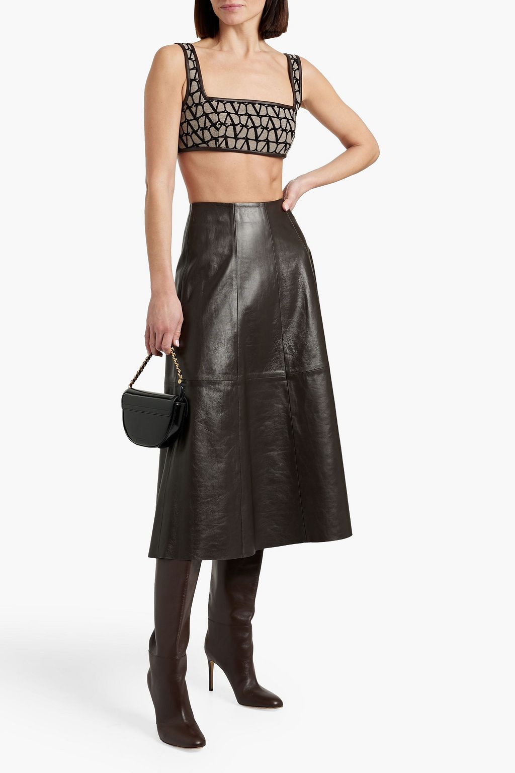 VALENTINO GARAVANI Leather-trimmed jacquard bra top