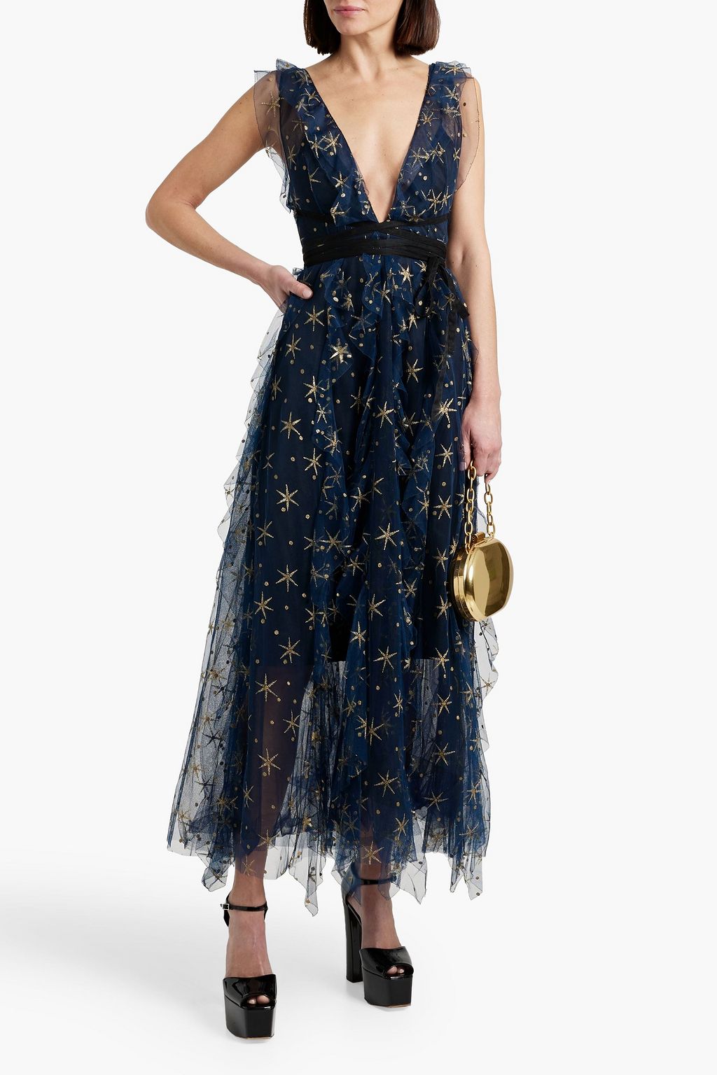 VALENTINO GARAVANI Ruffled metallic embroidered tulle maxi dress