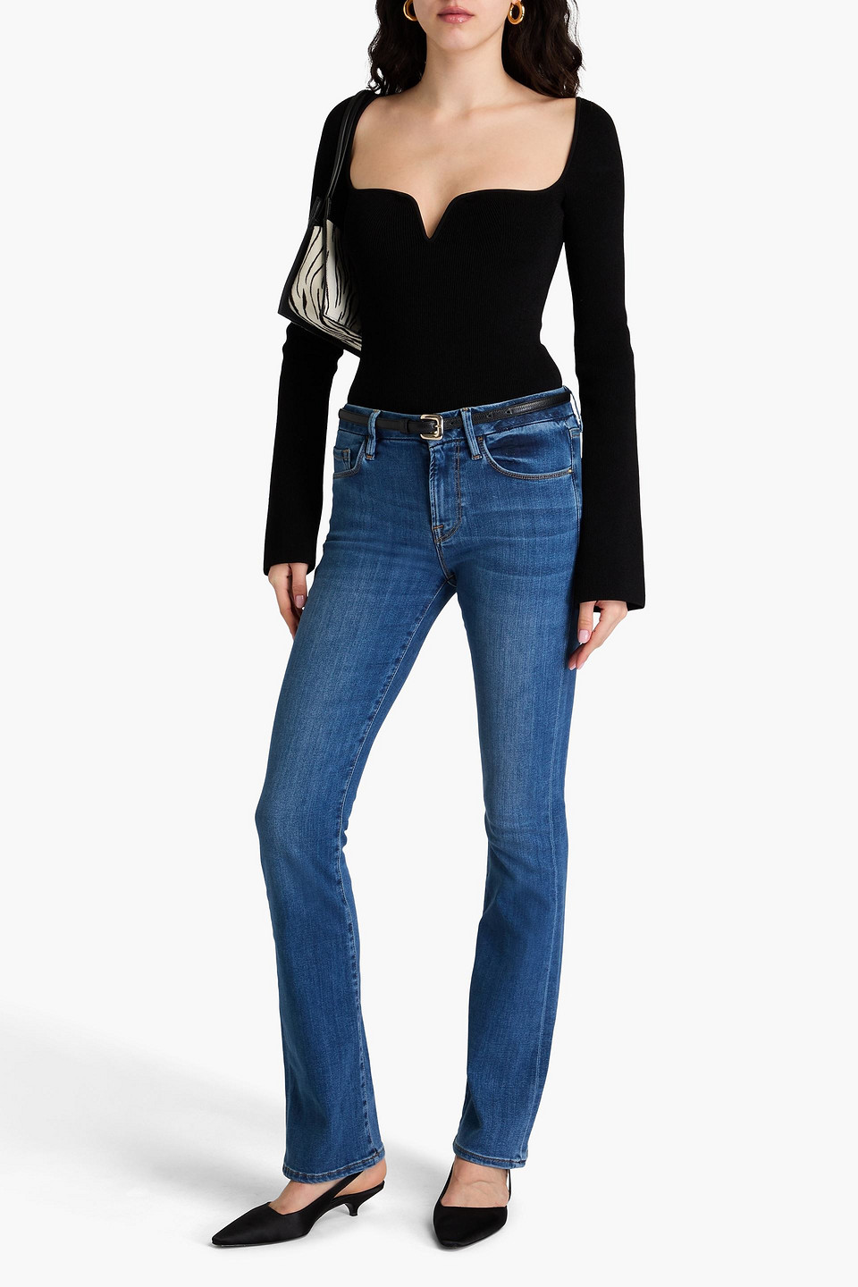 Frame Le Mini Boot Halbhohe Bootcut-jeans In Ausgewaschener Optik In Mittelblauer Denim
