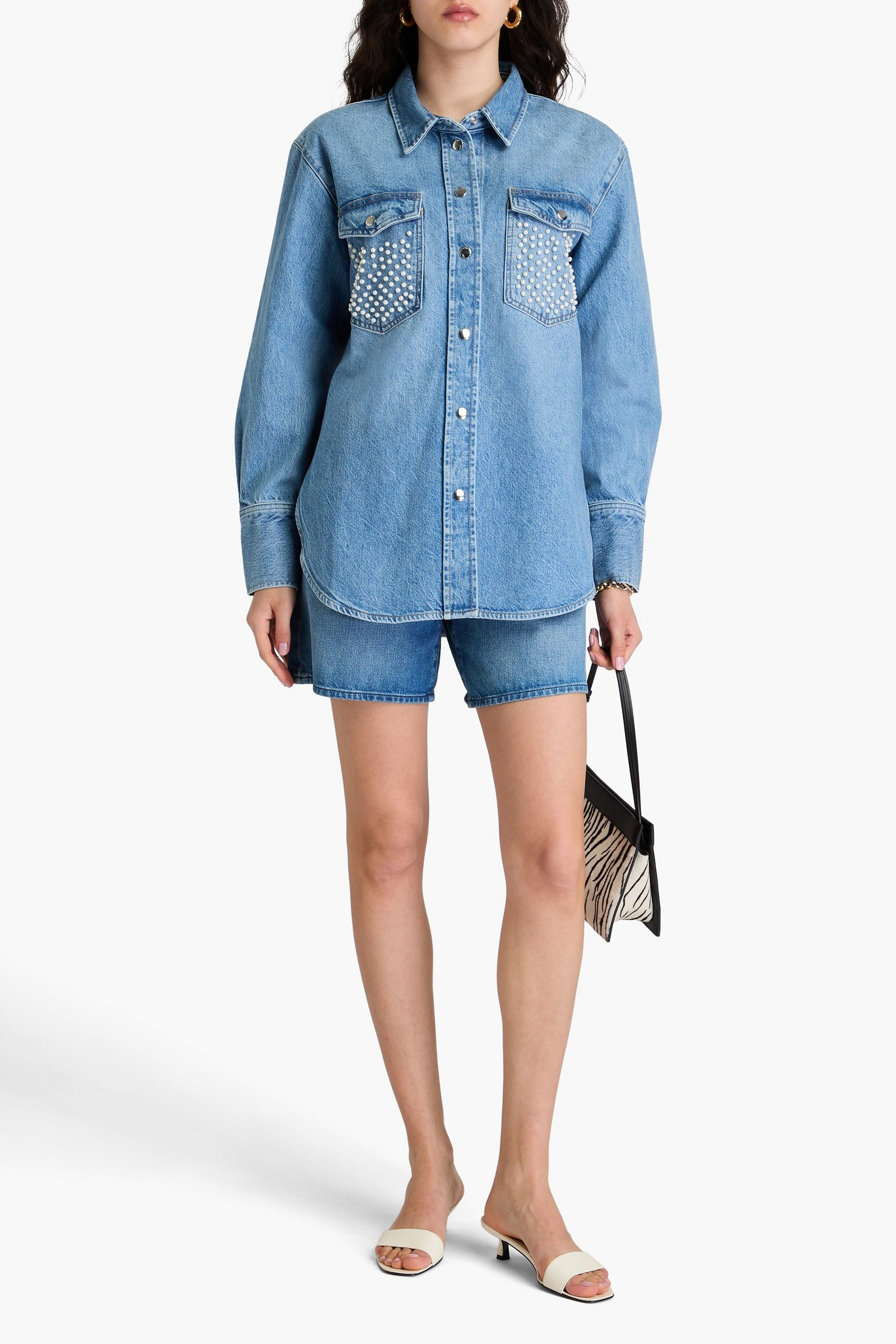 FRAME Faux pearl-embellished denim shirt