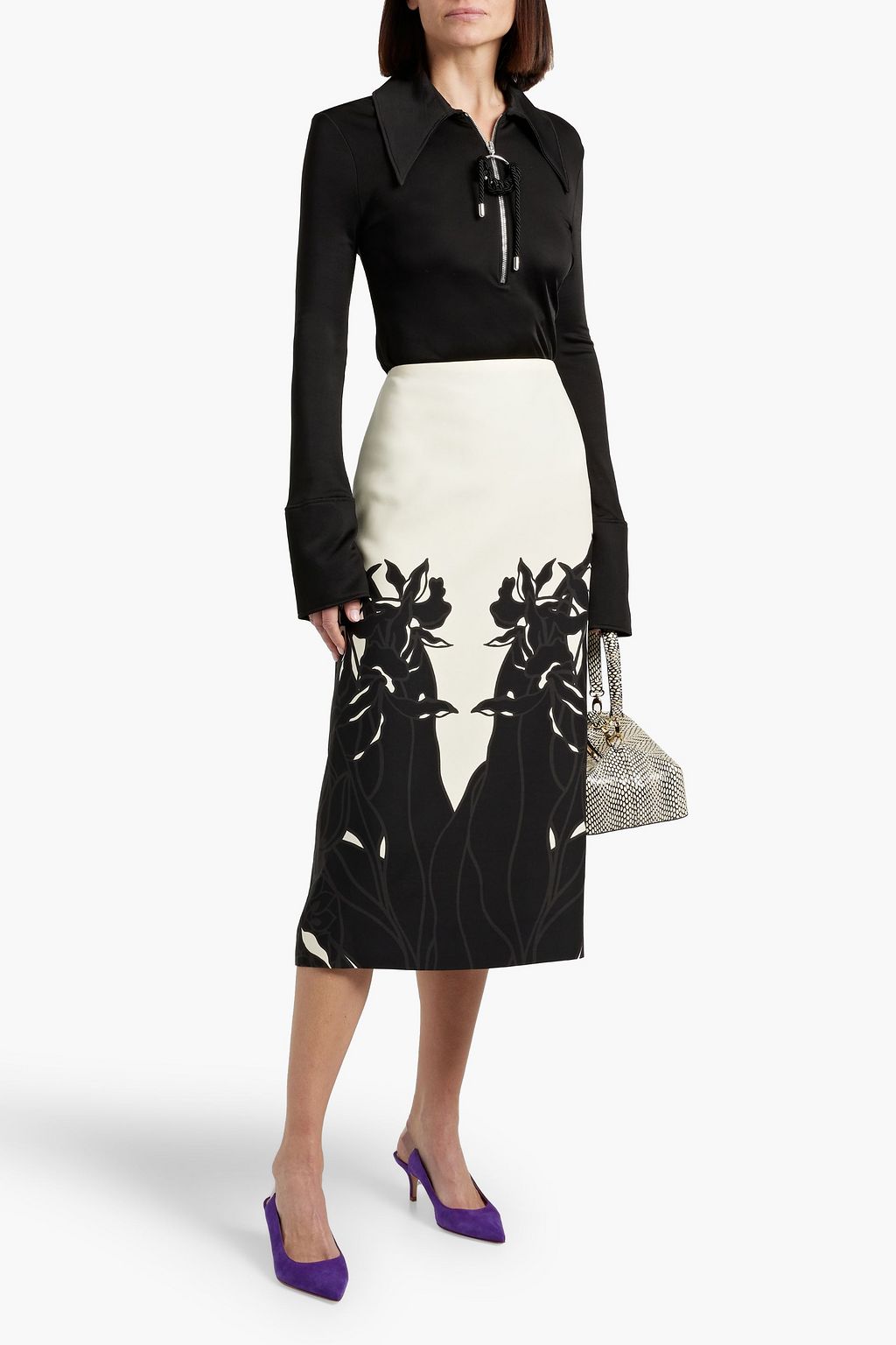 VALENTINO GARAVANI Floral-print wool and silk-blend crepe midi skirt