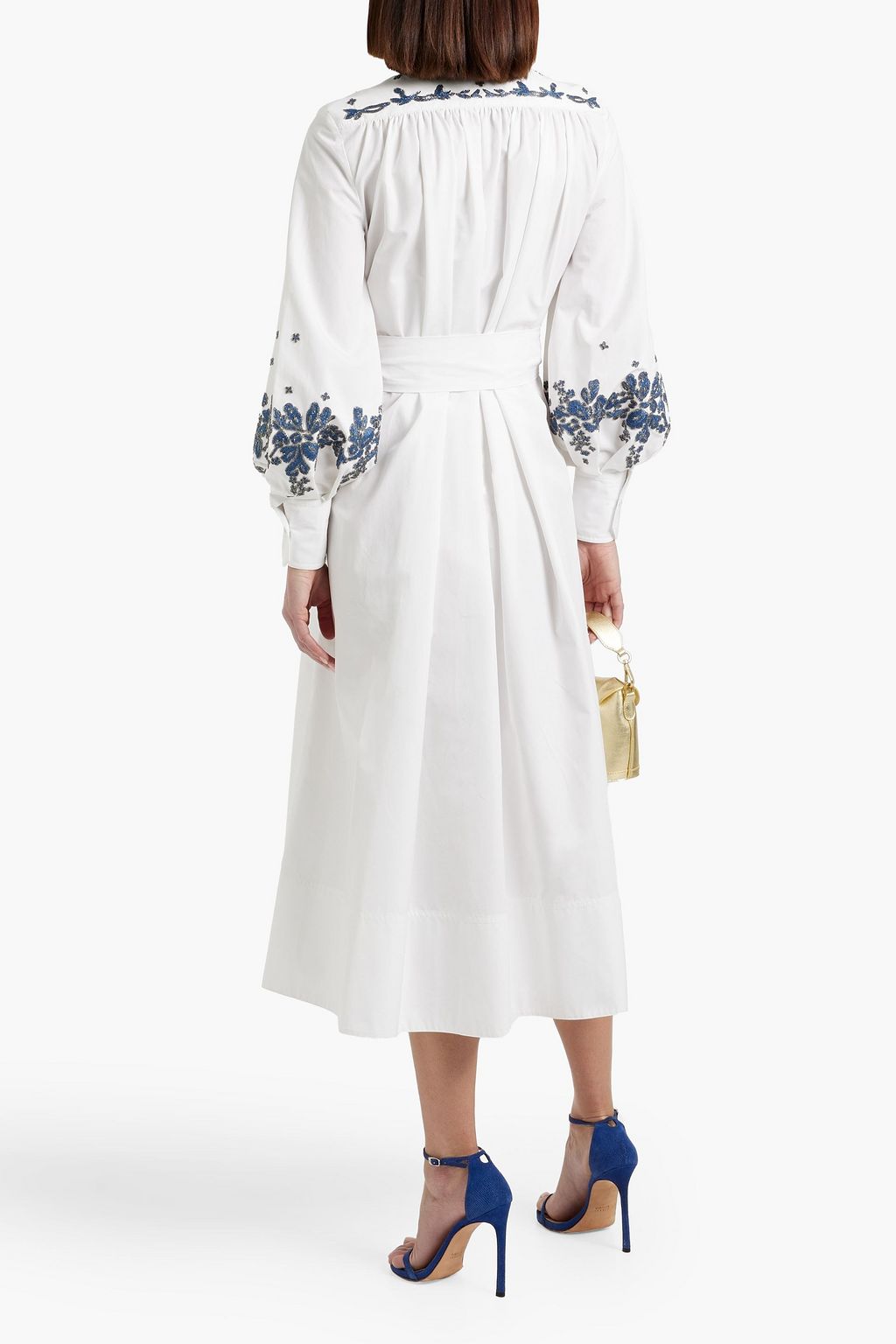 VALENTINO GARAVANI Pussy-bow bead-embellished cotton-poplin midi shirt dress