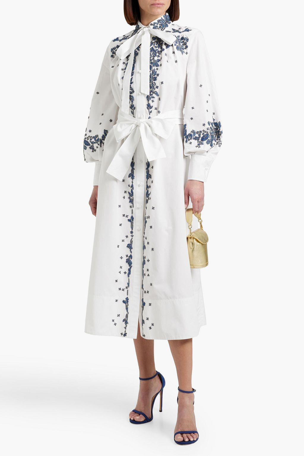 VALENTINO GARAVANI Pussy-bow bead-embellished cotton-poplin midi shirt dress