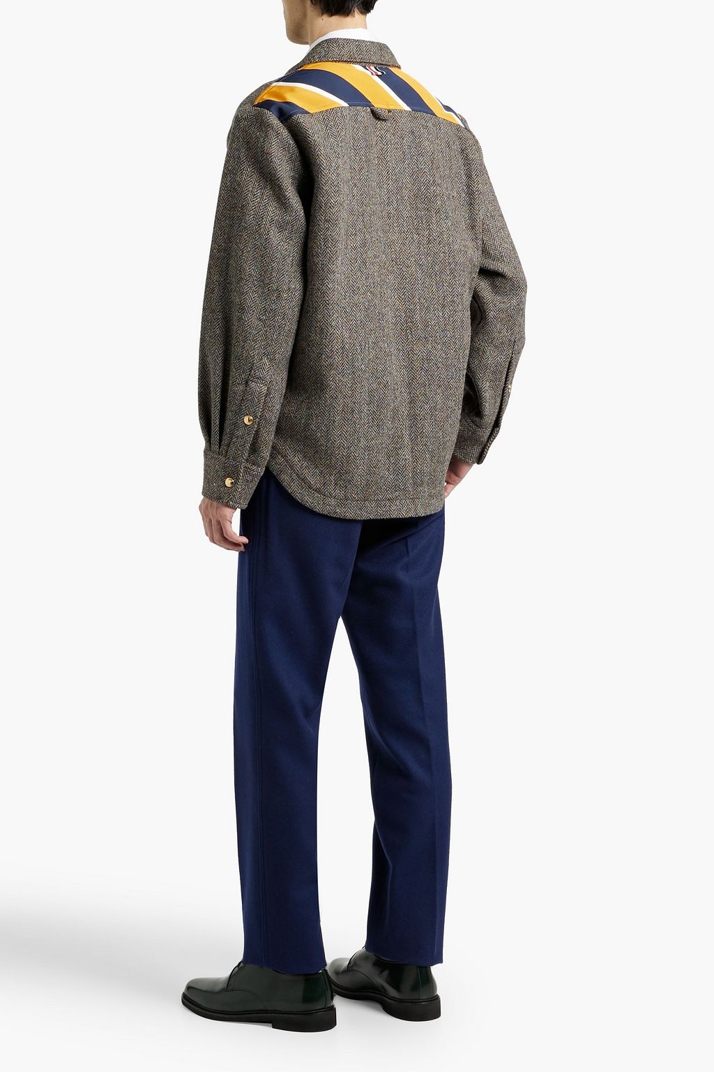 THOM BROWNE Striped silk and cotton-blend twill-paneled herringbone wool overshirt