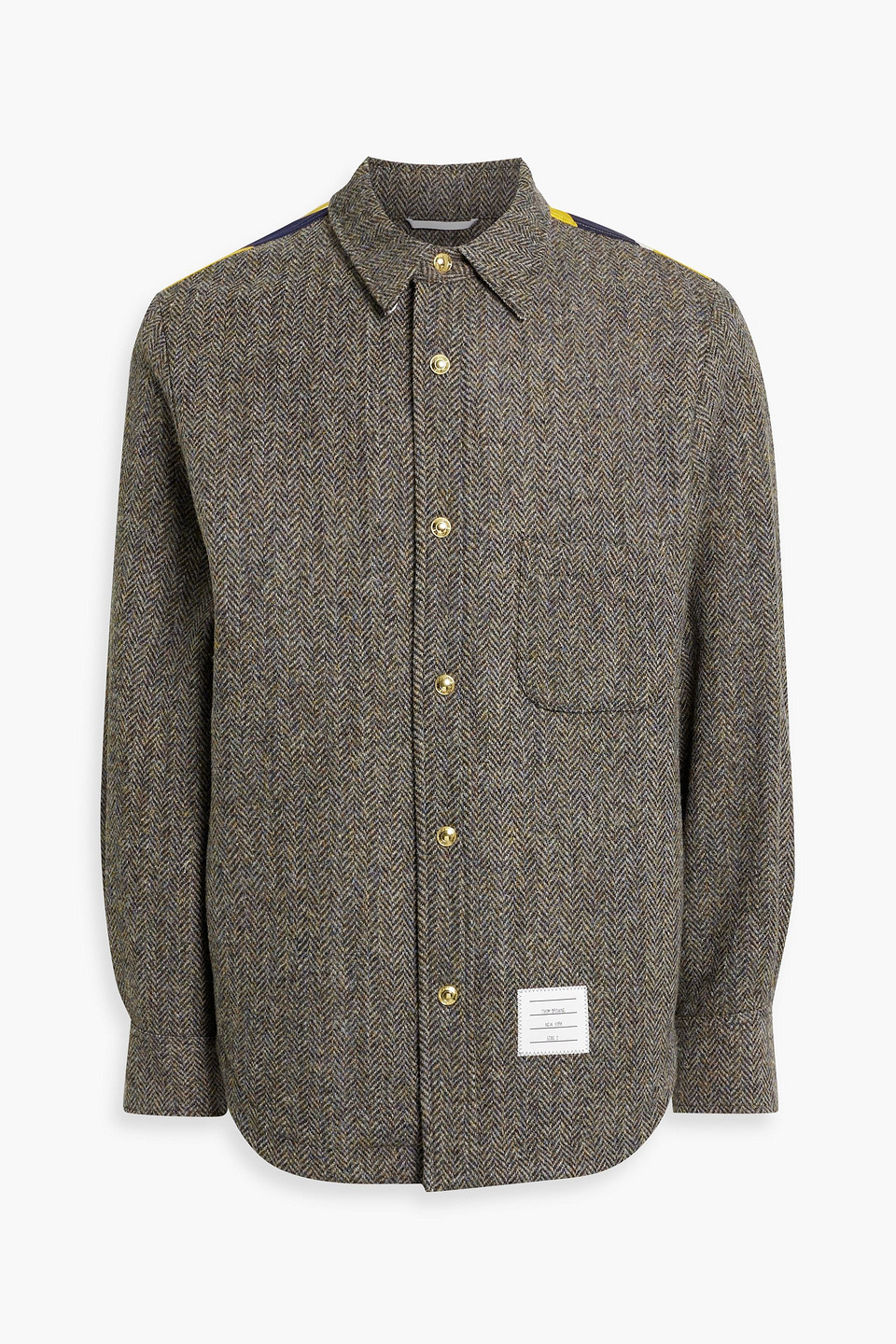 Thom Browne Striped Silk And Cotton-blend Twill-paneled Herringbone Wool Overshirt In Gray