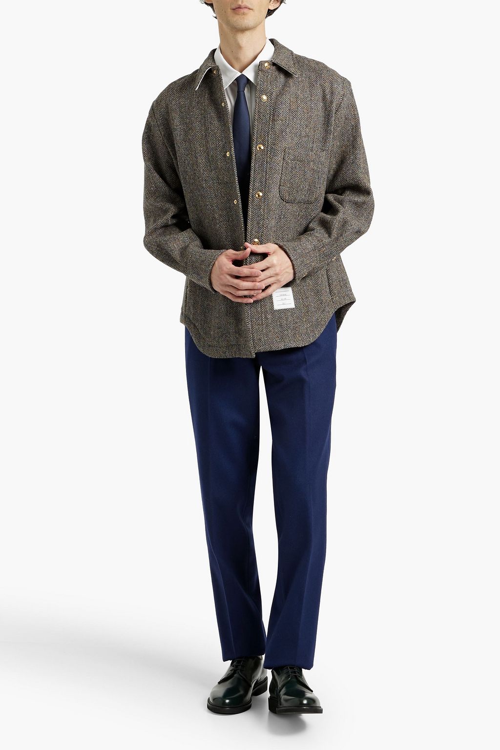 THOM BROWNE Striped silk and cotton-blend twill-paneled herringbone wool overshirt